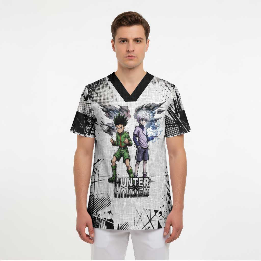 Main Characters Monochrome Graffiti Style Scrub Top with Gon Killua Kurapika and Leorio Team Design - The Mazicc