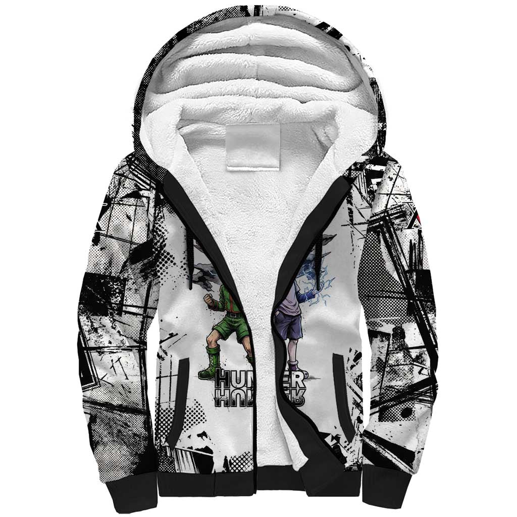 Main Characters Monochrome Graffiti Style Sherpa Hoodie with Gon Killua Kurapika and Leorio Team Design - The Mazicc