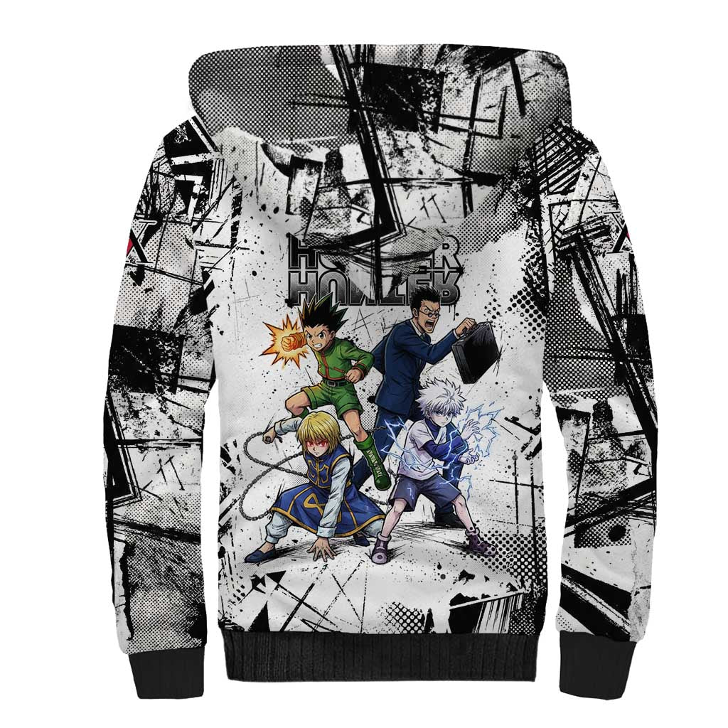 Main Characters Monochrome Graffiti Style Sherpa Hoodie with Gon Killua Kurapika and Leorio Team Design - The Mazicc