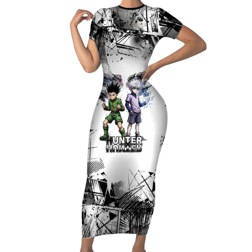 Main Characters Monochrome Graffiti Style Short Sleeve Bodycon Dress with Gon Killua Kurapika and Leorio Team Design - The Mazicc