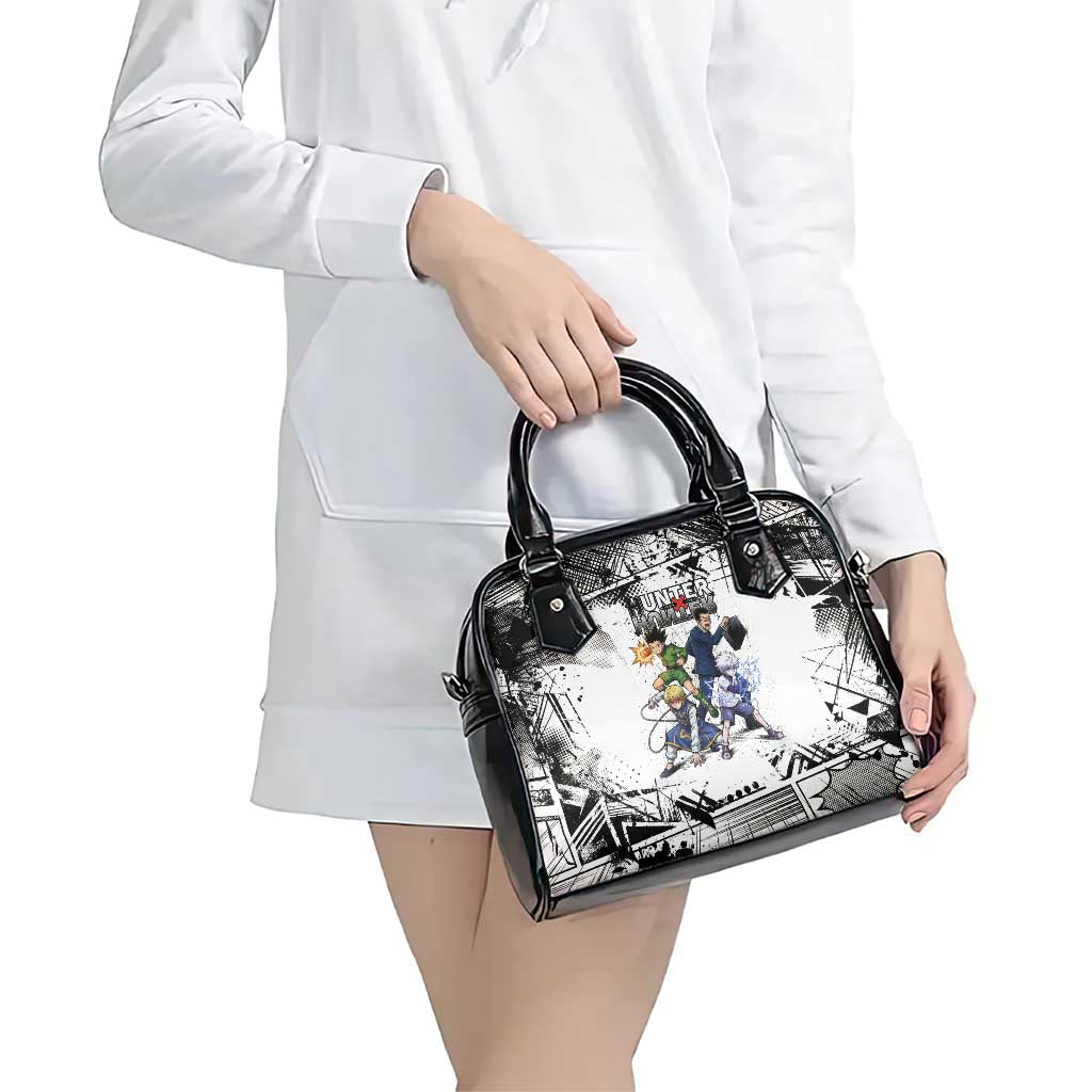 Main Characters Monochrome Graffiti Style Shoulder Handbag with Gon Killua Kurapika and Leorio Team Design - The Mazicc