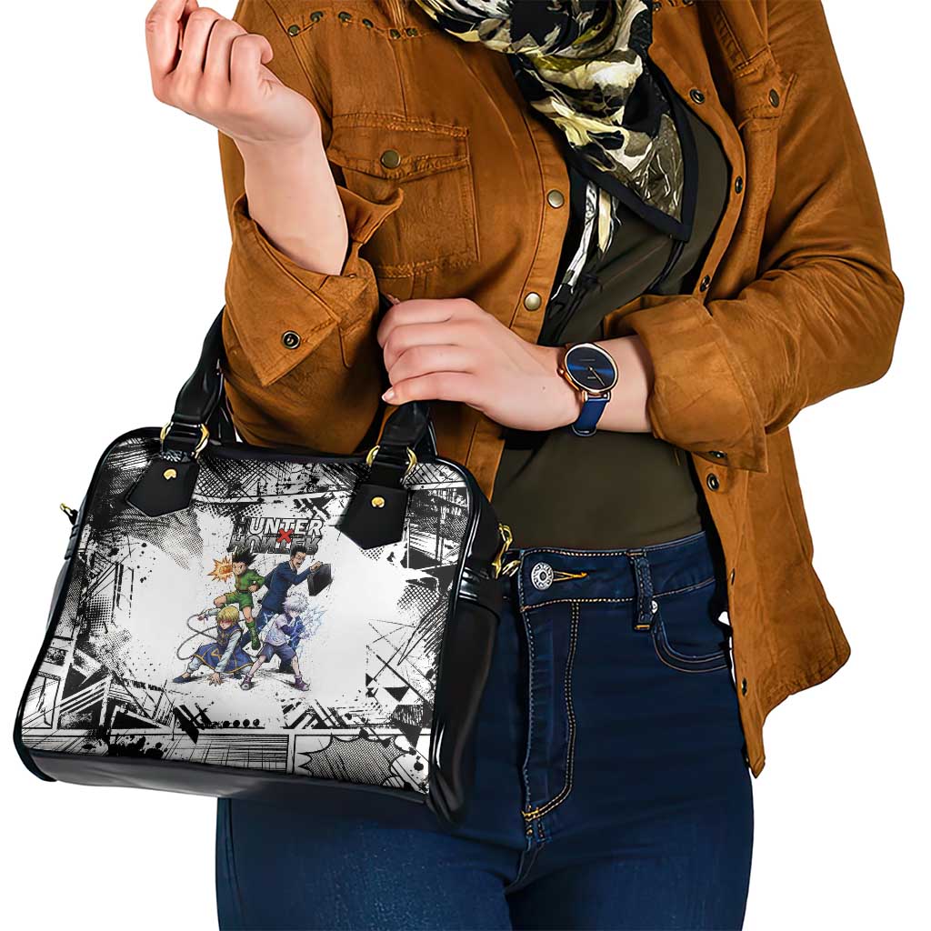 Main Characters Monochrome Graffiti Style Shoulder Handbag with Gon Killua Kurapika and Leorio Team Design - The Mazicc