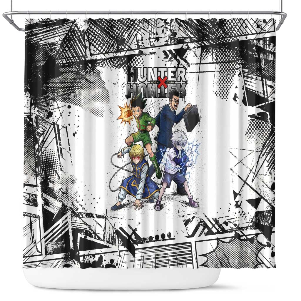 Main Characters Monochrome Graffiti Style Shower Curtain with Gon Killua Kurapika and Leorio Team Design - The Mazicc