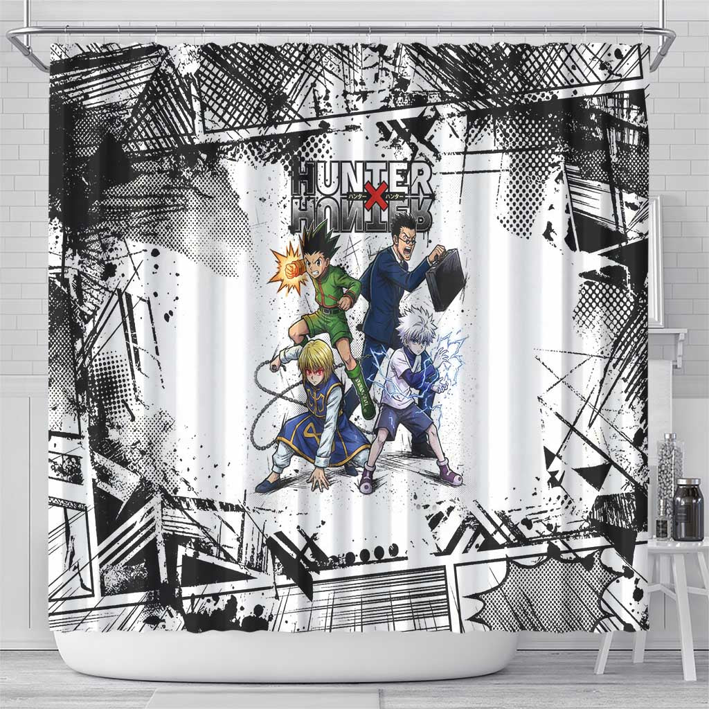 Main Characters Monochrome Graffiti Style Shower Curtain with Gon Killua Kurapika and Leorio Team Design - The Mazicc