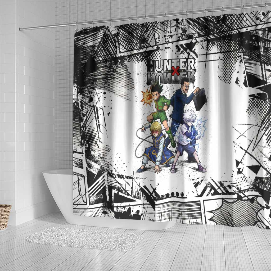 Main Characters Monochrome Graffiti Style Shower Curtain with Gon Killua Kurapika and Leorio Team Design - The Mazicc