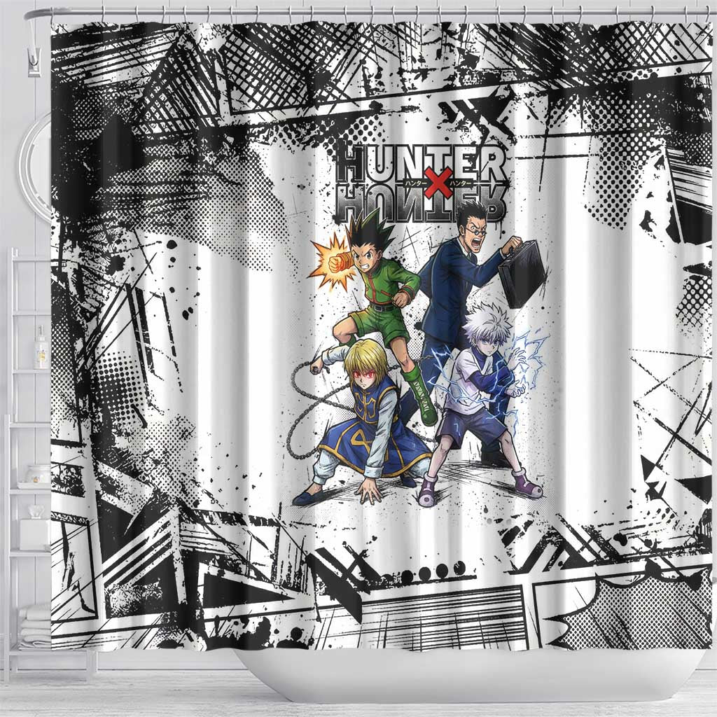 Main Characters Monochrome Graffiti Style Shower Curtain with Gon Killua Kurapika and Leorio Team Design - The Mazicc