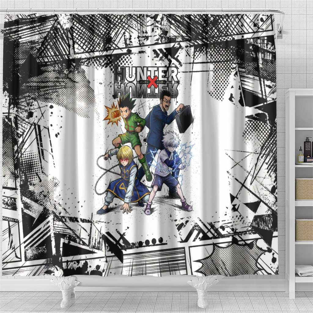 Main Characters Monochrome Graffiti Style Shower Curtain with Gon Killua Kurapika and Leorio Team Design - The Mazicc