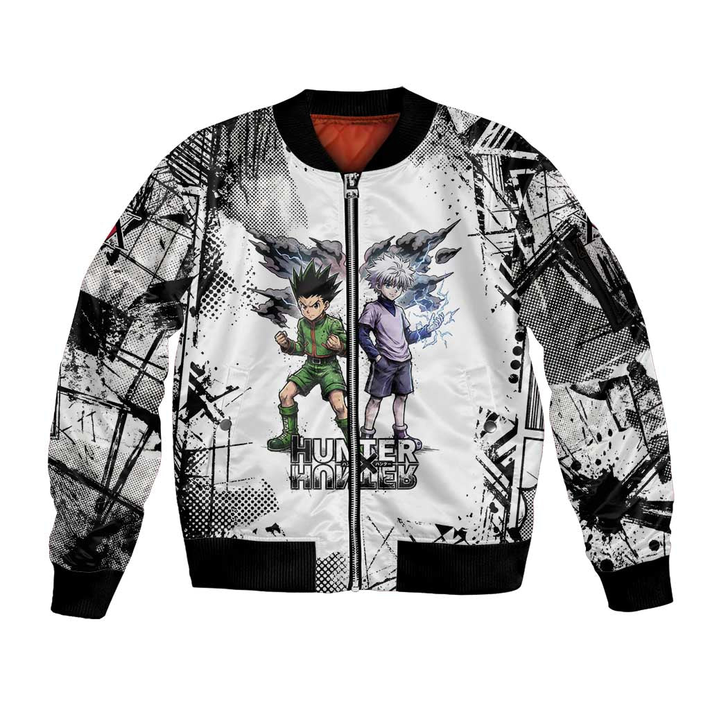 Main Characters Monochrome Graffiti Style Sleeve Zip Bomber Jacket with Gon Killua Kurapika and Leorio Team Design - The Mazicc