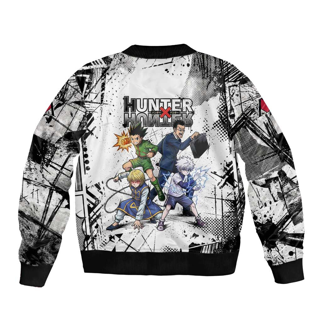 Main Characters Monochrome Graffiti Style Sleeve Zip Bomber Jacket with Gon Killua Kurapika and Leorio Team Design - The Mazicc