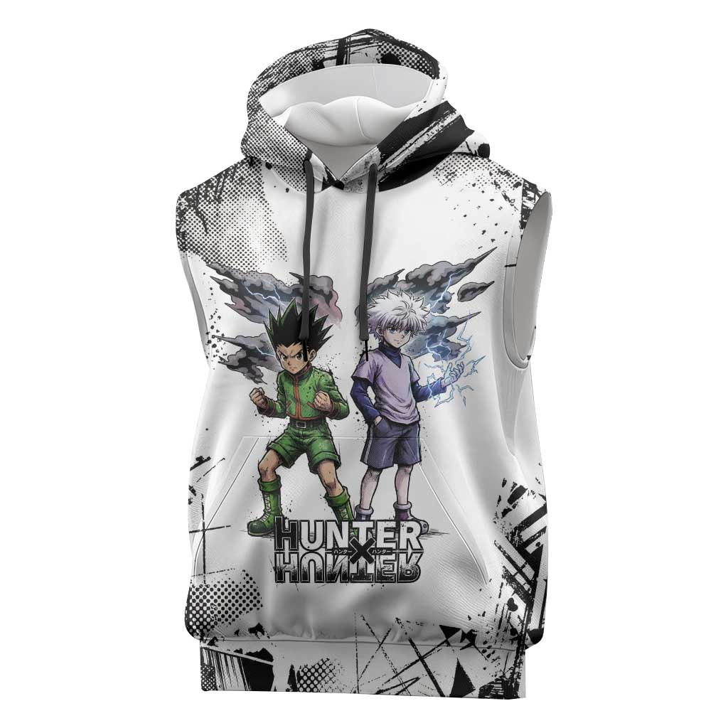 Main Characters Monochrome Graffiti Style Sleeveless Hoodie with Gon Killua Kurapika and Leorio Team Design - The Mazicc
