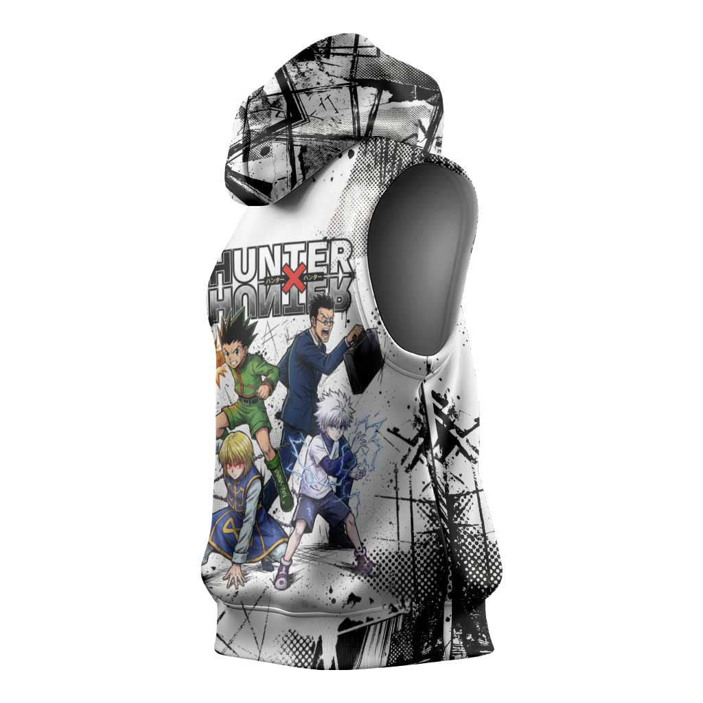 Main Characters Monochrome Graffiti Style Sleeveless Hoodie with Gon Killua Kurapika and Leorio Team Design - The Mazicc