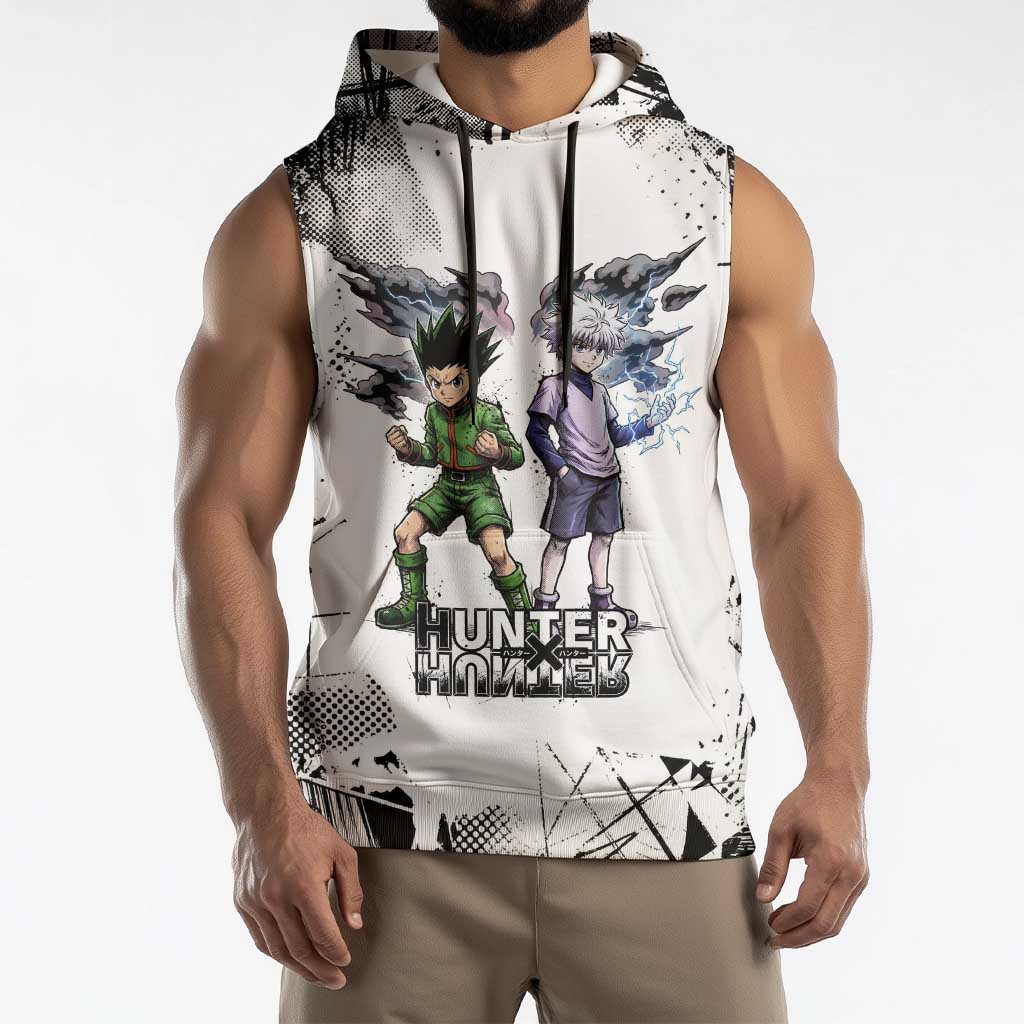 Main Characters Monochrome Graffiti Style Sleeveless Hoodie with Gon Killua Kurapika and Leorio Team Design - The Mazicc