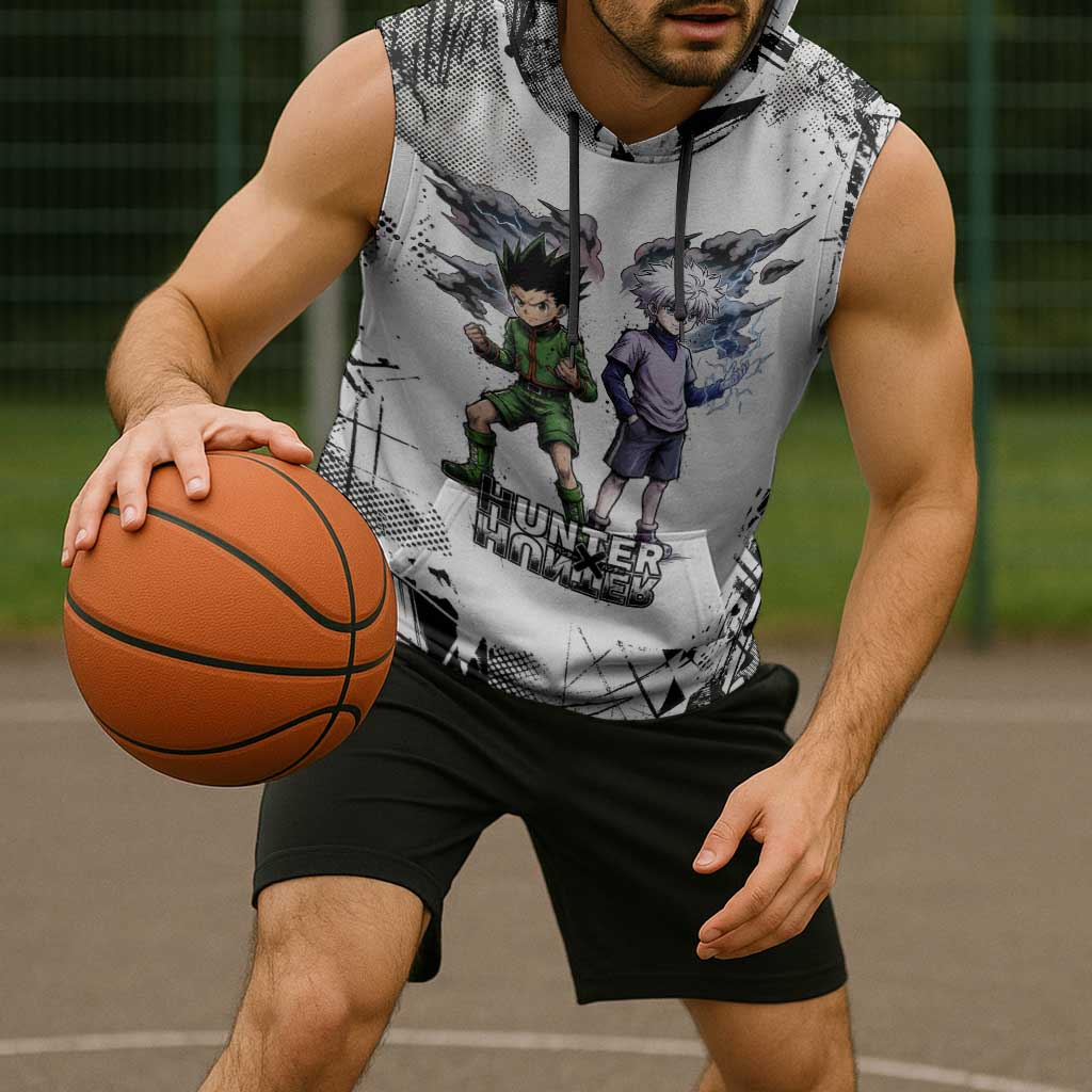 Main Characters Monochrome Graffiti Style Sleeveless Hoodie with Gon Killua Kurapika and Leorio Team Design - The Mazicc
