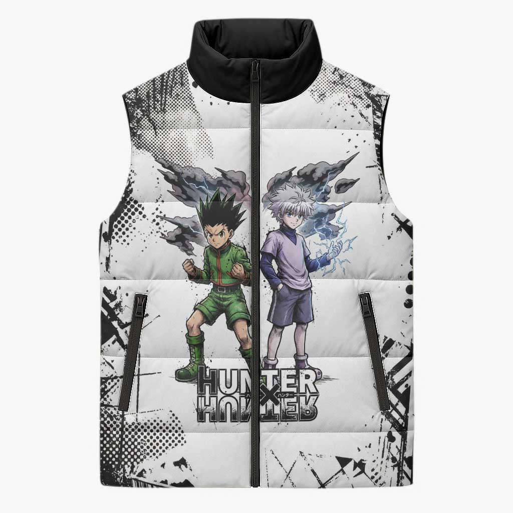 Main Characters Monochrome Graffiti Style Sleeveless Puffer Jacket with Gon Killua Kurapika and Leorio Team Design - The Mazicc