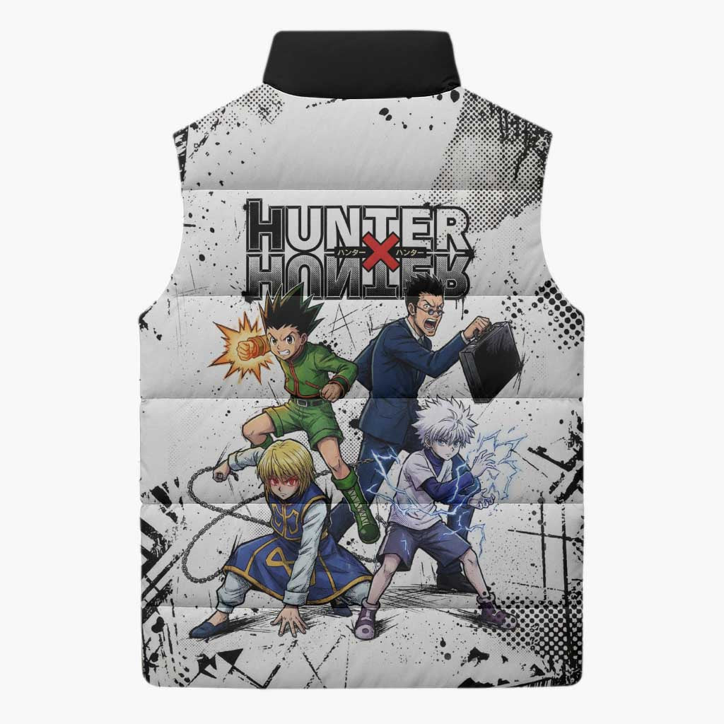 Main Characters Monochrome Graffiti Style Sleeveless Puffer Jacket with Gon Killua Kurapika and Leorio Team Design - The Mazicc