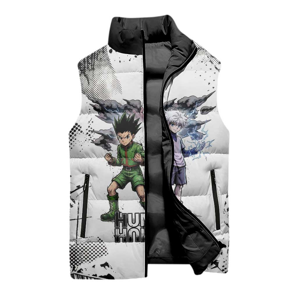 Main Characters Monochrome Graffiti Style Sleeveless Puffer Jacket with Gon Killua Kurapika and Leorio Team Design - The Mazicc