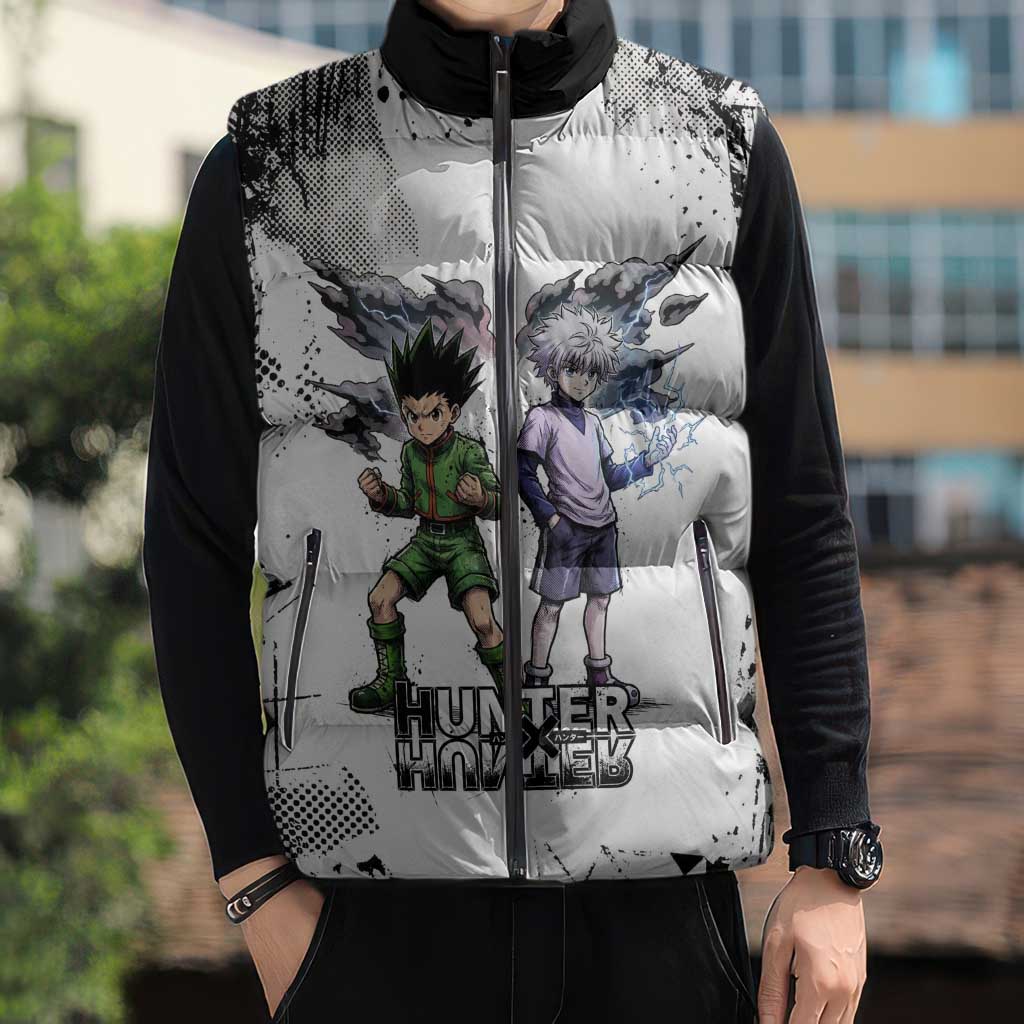 Main Characters Monochrome Graffiti Style Sleeveless Puffer Jacket with Gon Killua Kurapika and Leorio Team Design - The Mazicc