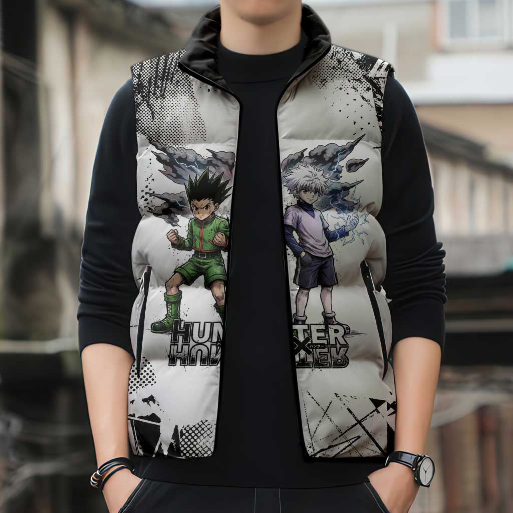 Main Characters Monochrome Graffiti Style Sleeveless Puffer Jacket with Gon Killua Kurapika and Leorio Team Design - The Mazicc