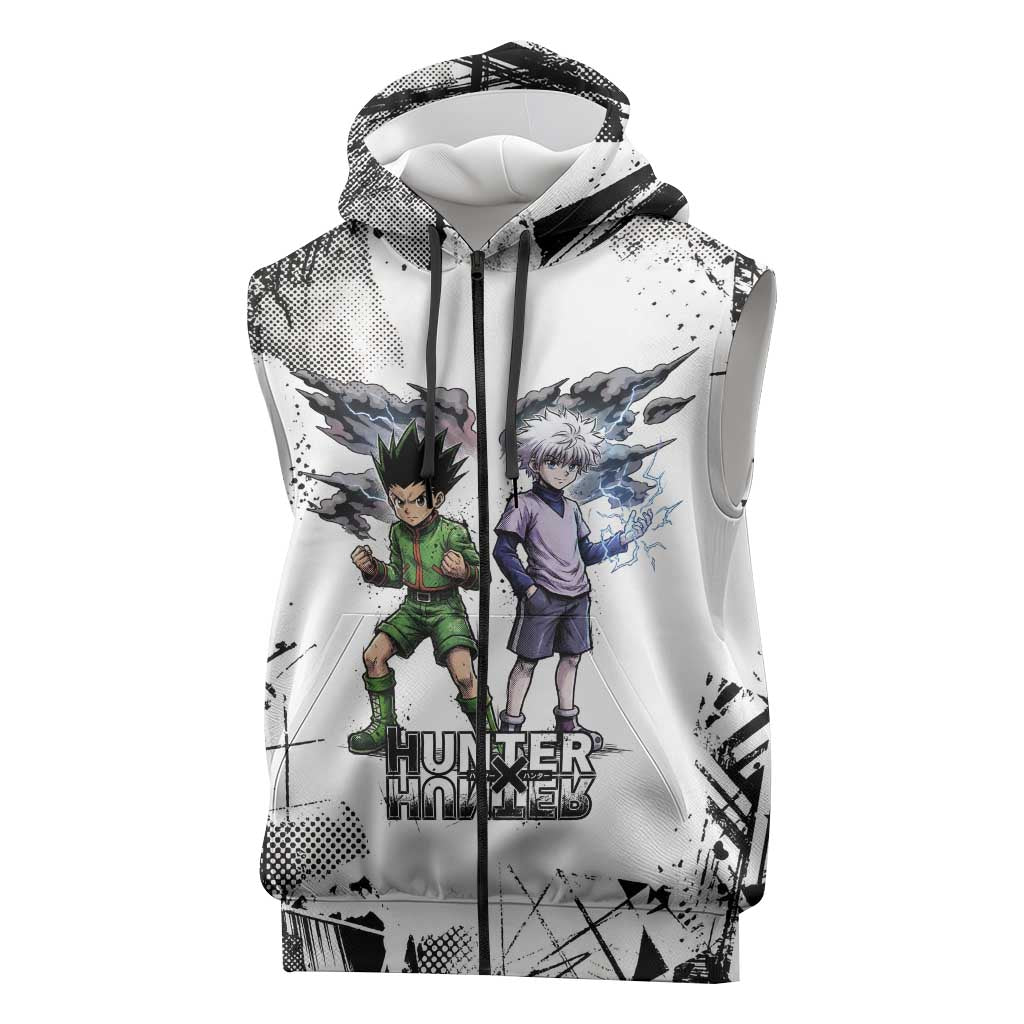 Main Characters Monochrome Graffiti Style Sleeveless Zip Hoodie with Gon Killua Kurapika and Leorio Team Design - The Mazicc