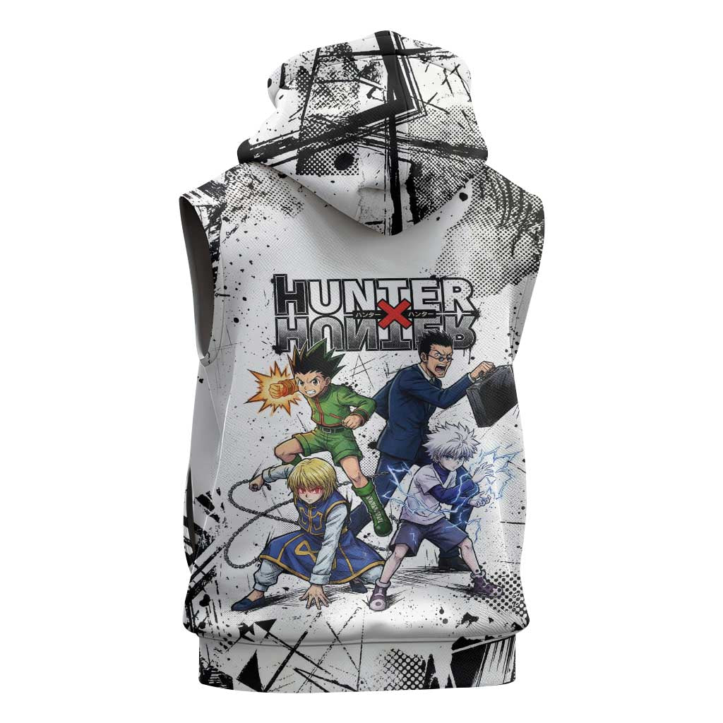 Main Characters Monochrome Graffiti Style Sleeveless Zip Hoodie with Gon Killua Kurapika and Leorio Team Design - The Mazicc