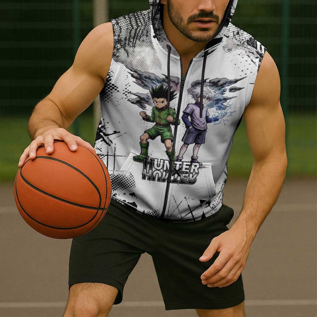Main Characters Monochrome Graffiti Style Sleeveless Zip Hoodie with Gon Killua Kurapika and Leorio Team Design - The Mazicc