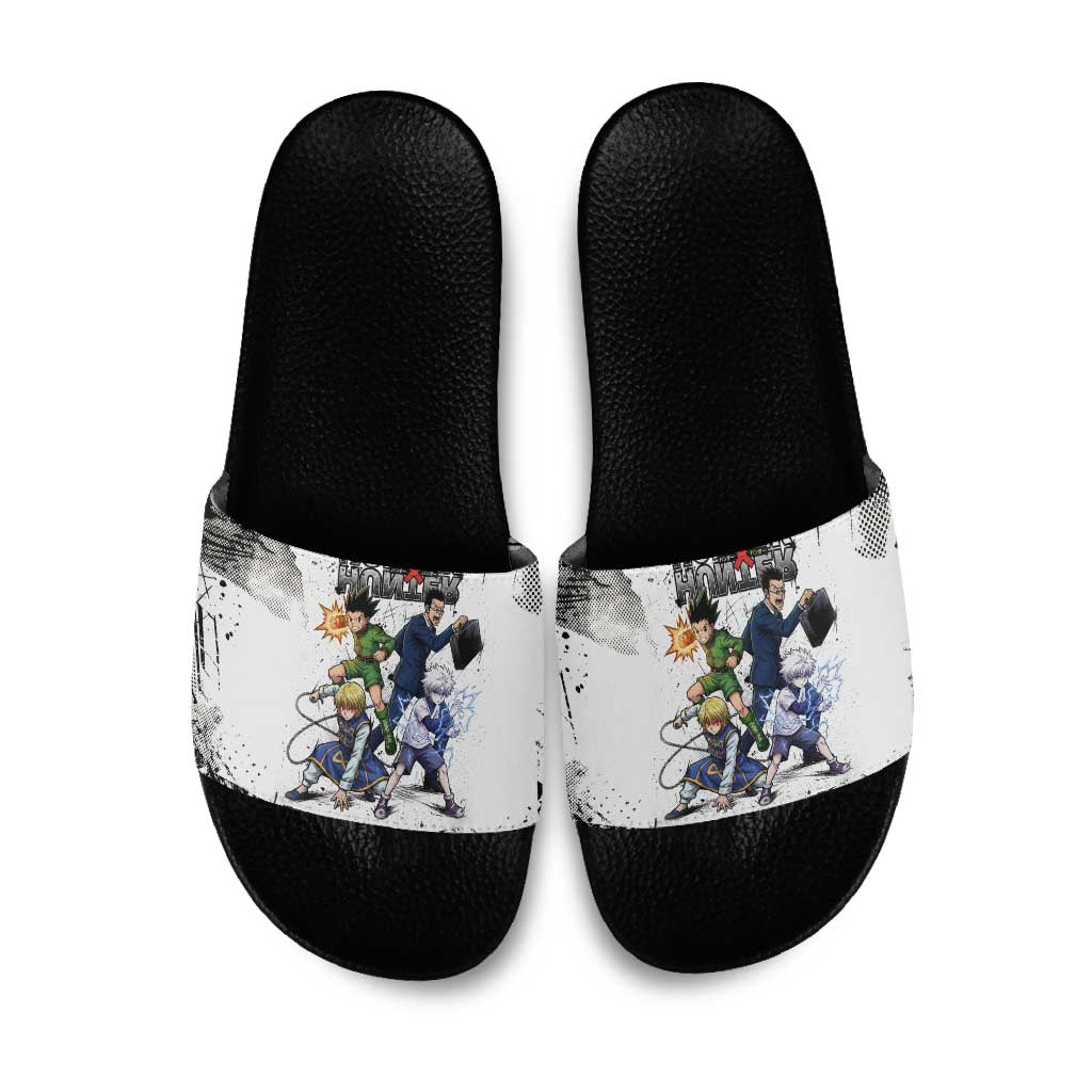 Main Characters Monochrome Graffiti Style Slide Sandals with Gon Killua Kurapika and Leorio Team Design - The Mazicc
