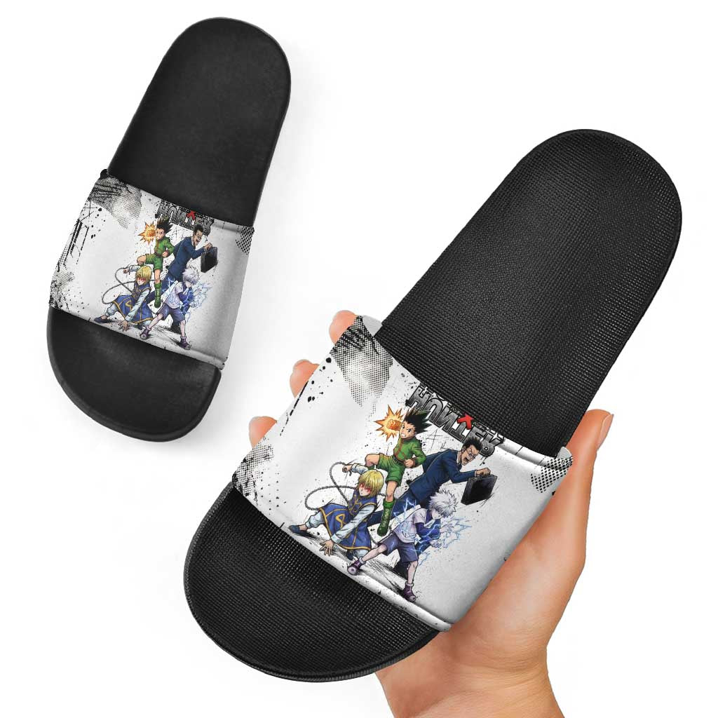 Main Characters Monochrome Graffiti Style Slide Sandals with Gon Killua Kurapika and Leorio Team Design - The Mazicc