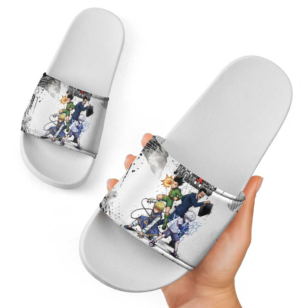 Main Characters Monochrome Graffiti Style Slide Sandals with Gon Killua Kurapika and Leorio Team Design - The Mazicc