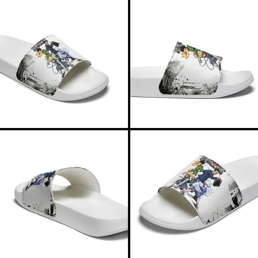 Main Characters Monochrome Graffiti Style Slide Sandals with Gon Killua Kurapika and Leorio Team Design - The Mazicc