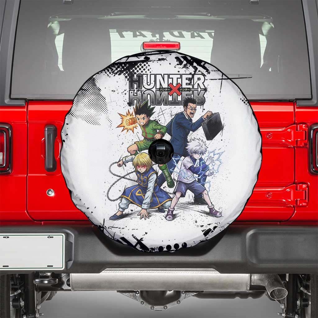 Main Characters Monochrome Graffiti Style Spare Tire Cover with Gon Killua Kurapika and Leorio Team Design - The Mazicc