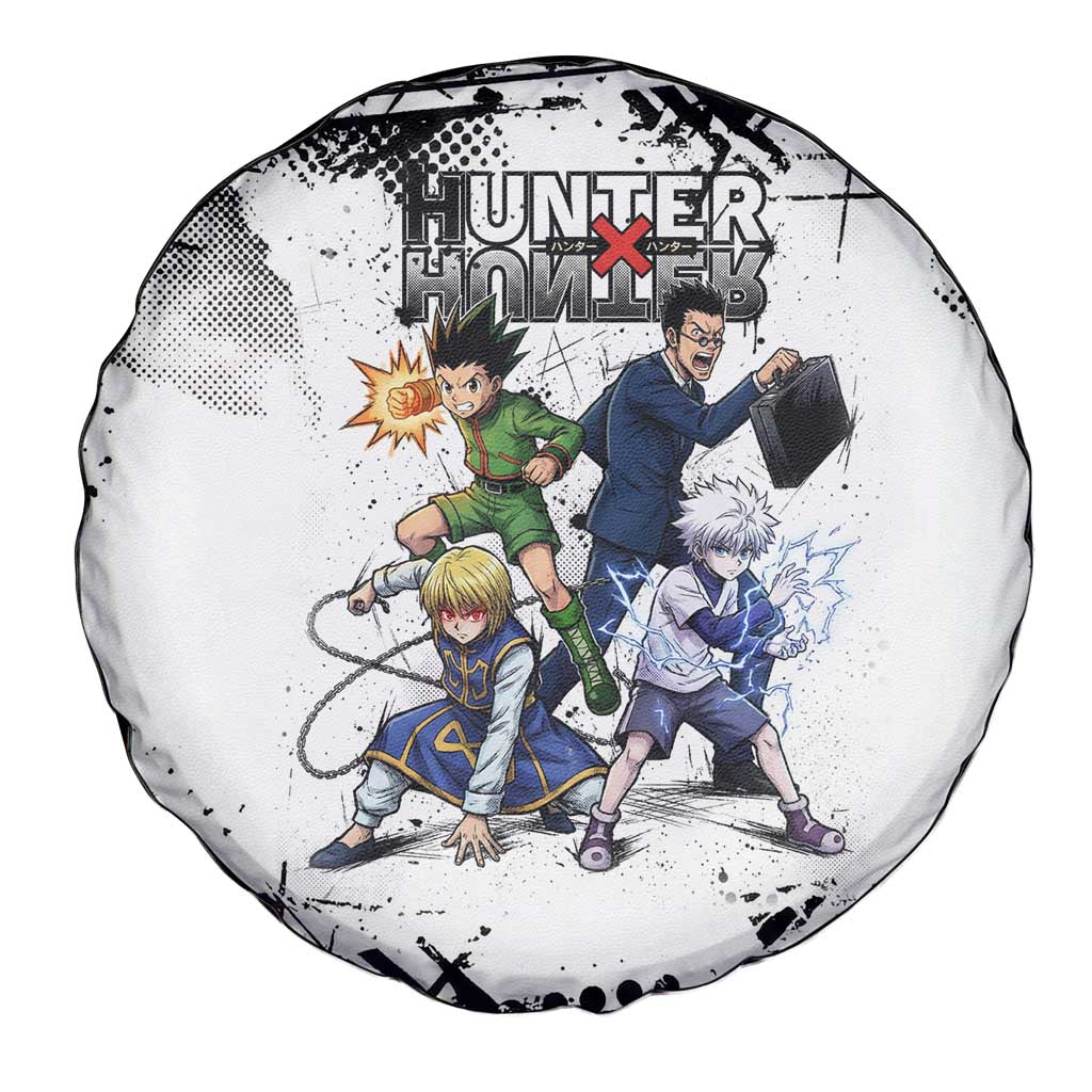 Main Characters Monochrome Graffiti Style Spare Tire Cover with Gon Killua Kurapika and Leorio Team Design - The Mazicc