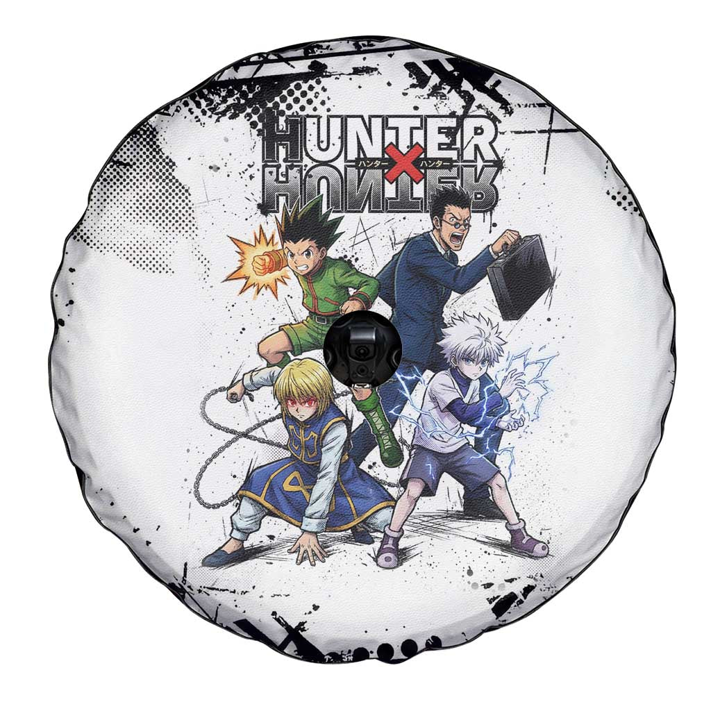 Main Characters Monochrome Graffiti Style Spare Tire Cover with Gon Killua Kurapika and Leorio Team Design - The Mazicc