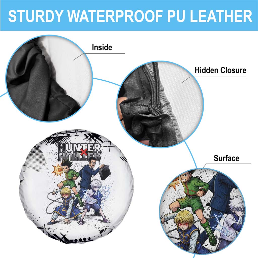 Main Characters Monochrome Graffiti Style Spare Tire Cover with Gon Killua Kurapika and Leorio Team Design - The Mazicc