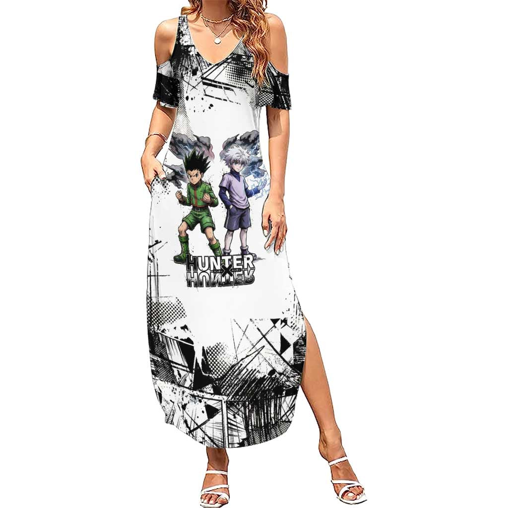 Main Characters Monochrome Graffiti Style Summer Maxi Dress with Gon Killua Kurapika and Leorio Team Design - The Mazicc