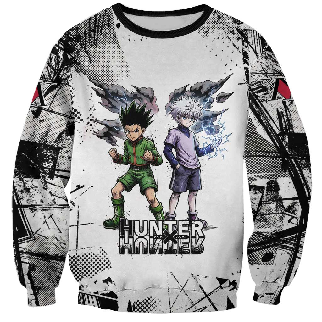 Main Characters Monochrome Graffiti Style Sweatshirt with Gon Killua Kurapika and Leorio Team Design - The Mazicc