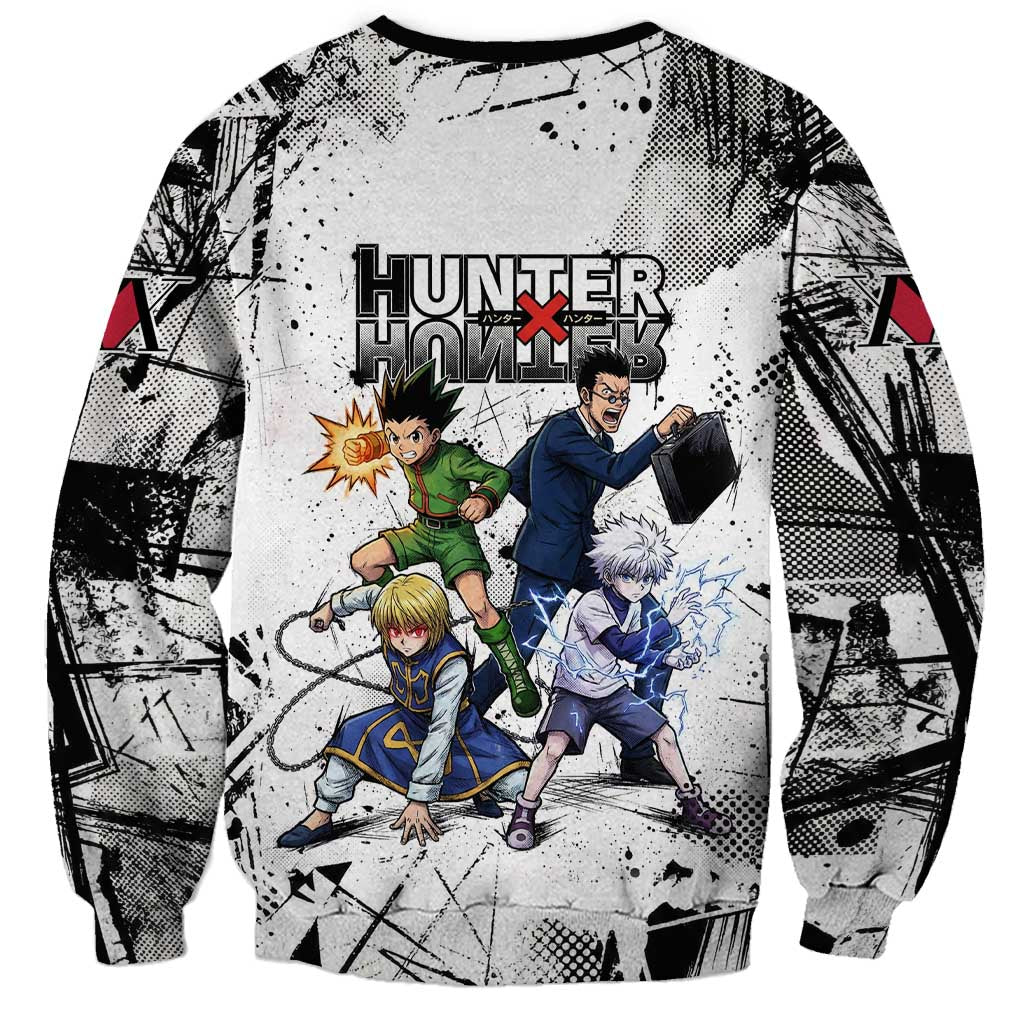 Main Characters Monochrome Graffiti Style Sweatshirt with Gon Killua Kurapika and Leorio Team Design - The Mazicc