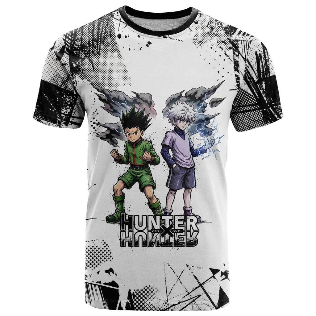 Main Characters Monochrome Graffiti Style T Shirt with Gon Killua Kurapika and Leorio Team Design - The Mazicc
