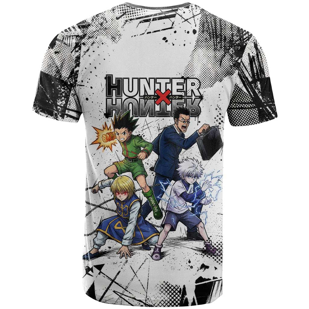 Main Characters Monochrome Graffiti Style T Shirt with Gon Killua Kurapika and Leorio Team Design - The Mazicc