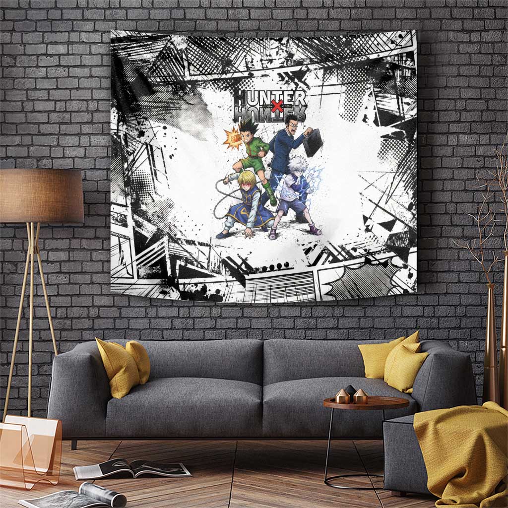 Main Characters Monochrome Graffiti Style Tapestry with Gon Killua Kurapika and Leorio Team Design - The Mazicc