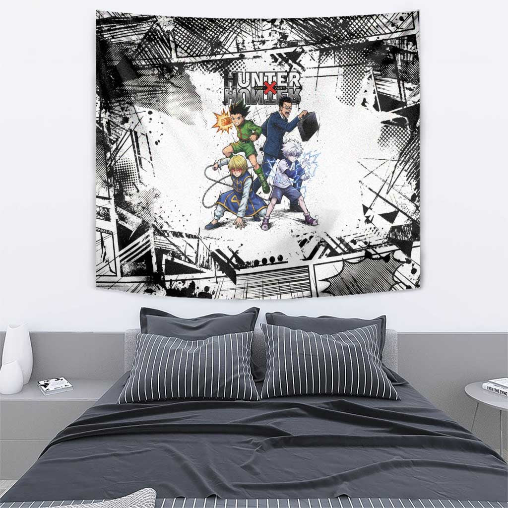 Main Characters Monochrome Graffiti Style Tapestry with Gon Killua Kurapika and Leorio Team Design - The Mazicc