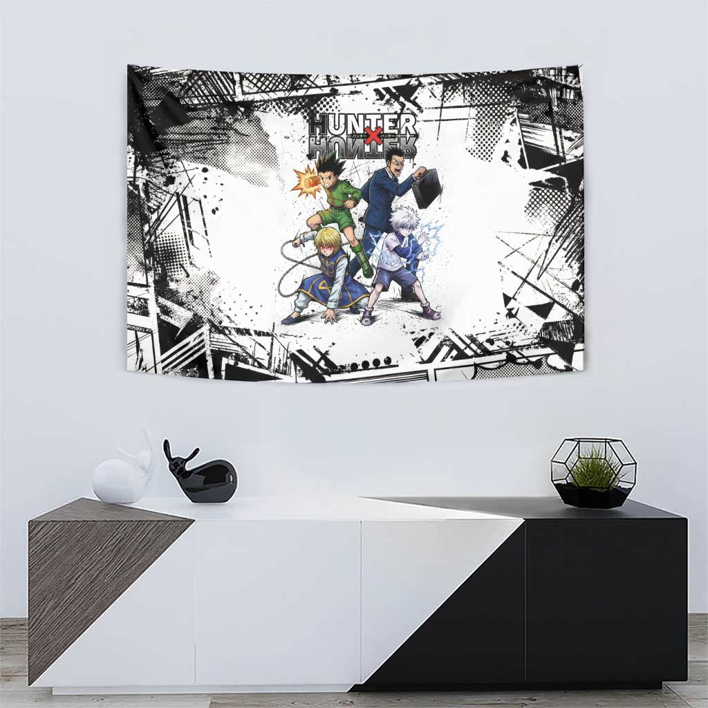 Main Characters Monochrome Graffiti Style Tapestry with Gon Killua Kurapika and Leorio Team Design - The Mazicc