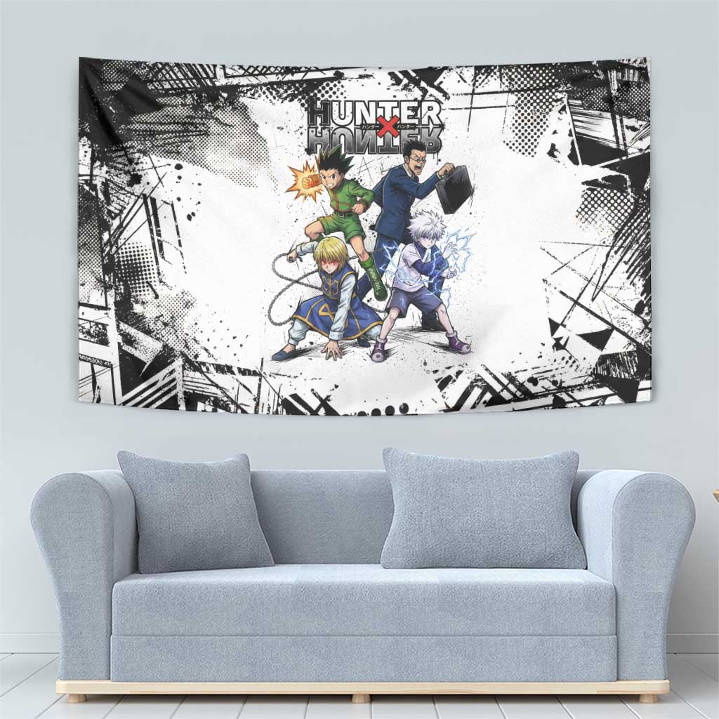 Main Characters Monochrome Graffiti Style Tapestry with Gon Killua Kurapika and Leorio Team Design - The Mazicc