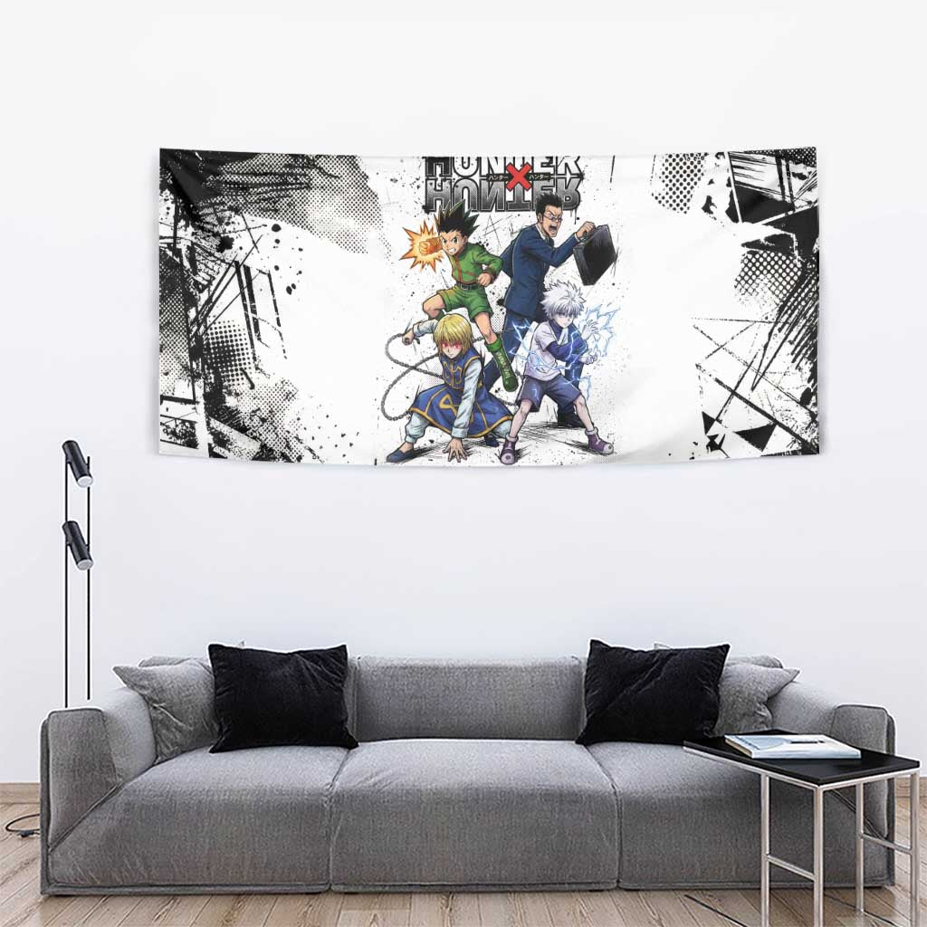 Main Characters Monochrome Graffiti Style Tapestry with Gon Killua Kurapika and Leorio Team Design - The Mazicc