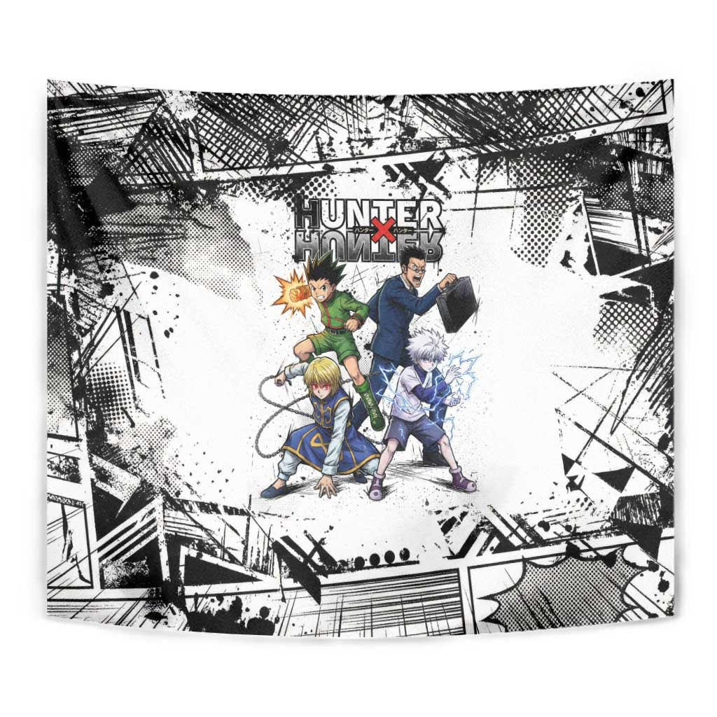 Main Characters Monochrome Graffiti Style Tapestry with Gon Killua Kurapika and Leorio Team Design - The Mazicc