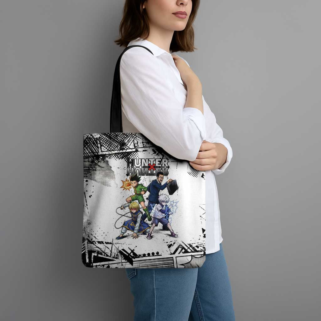 Main Characters Monochrome Graffiti Style Tote Bag with Gon Killua Kurapika and Leorio Team Design - The Mazicc