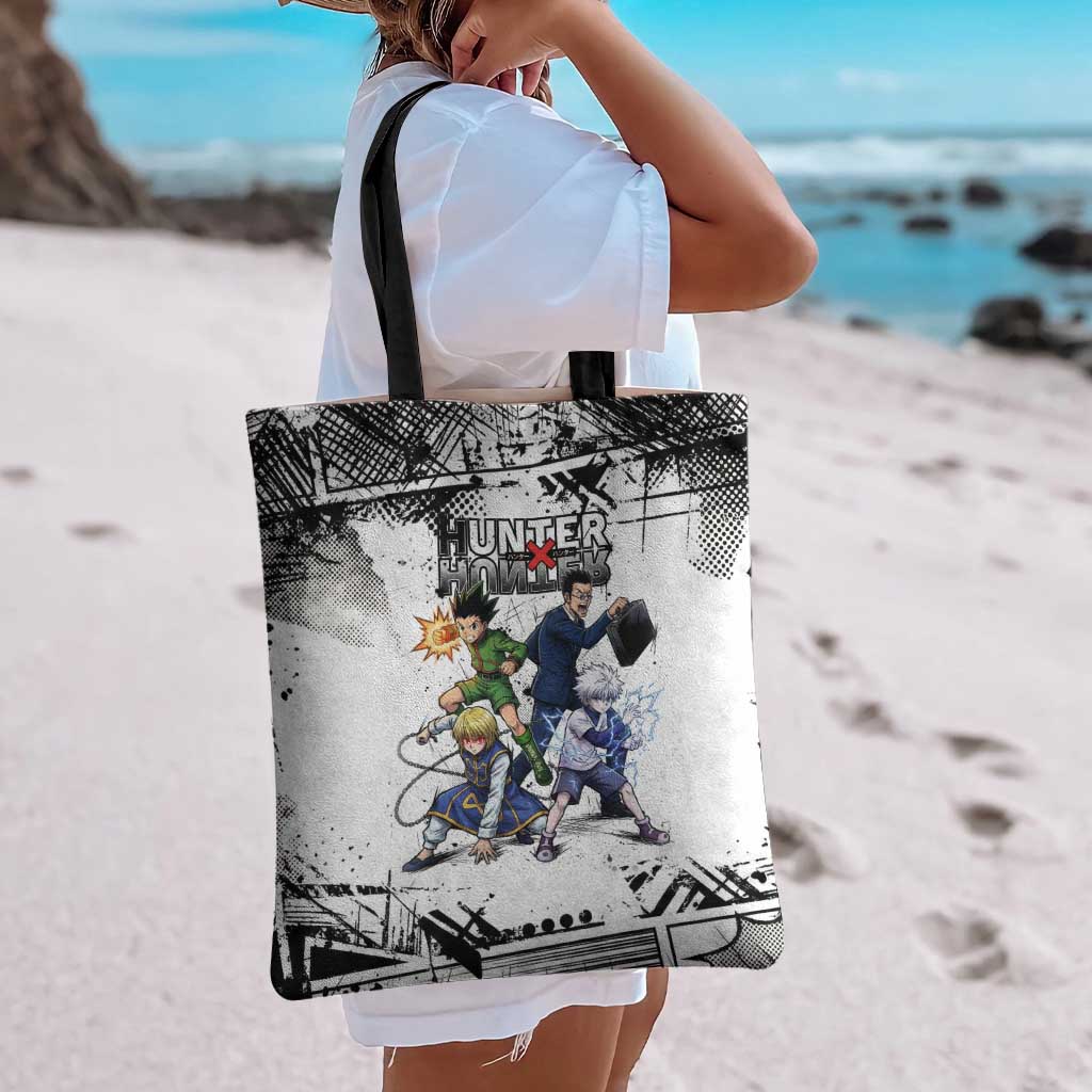 Main Characters Monochrome Graffiti Style Tote Bag with Gon Killua Kurapika and Leorio Team Design - The Mazicc