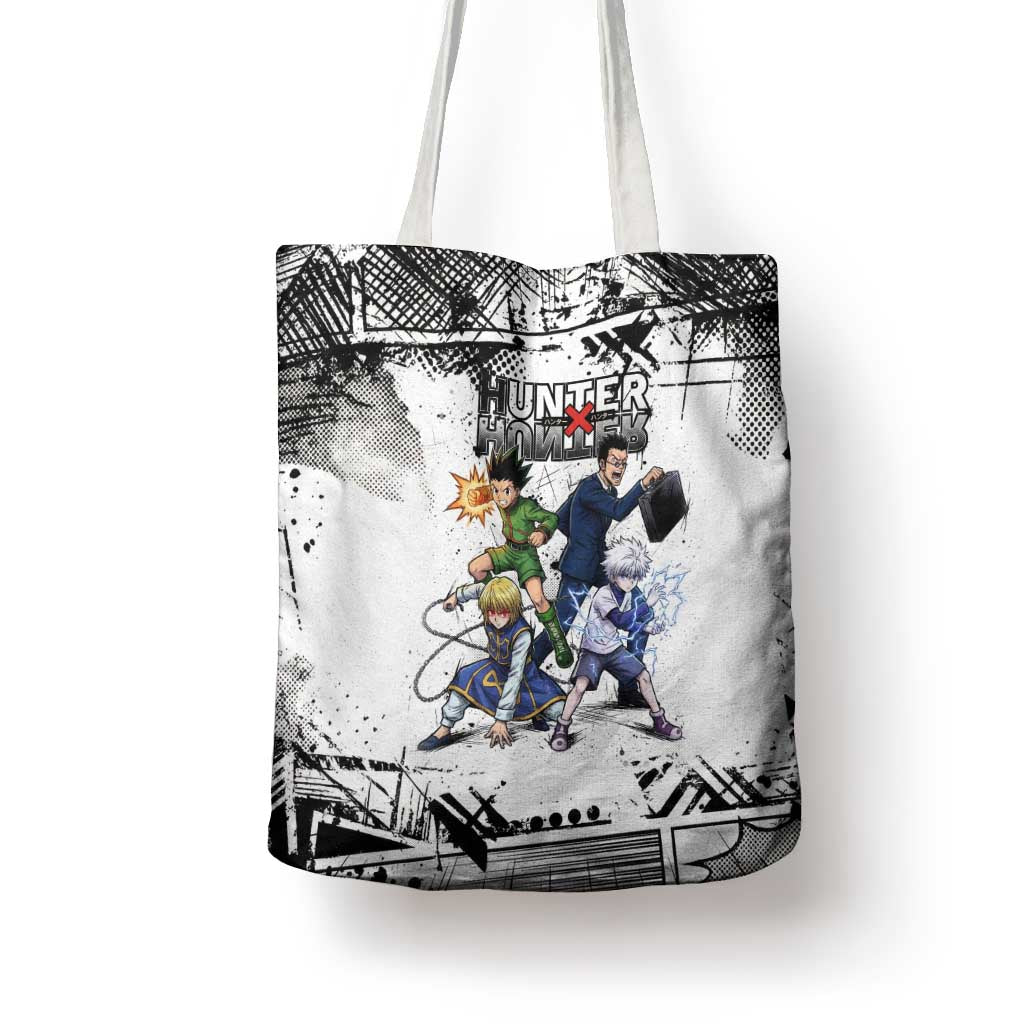 Main Characters Monochrome Graffiti Style Tote Bag with Gon Killua Kurapika and Leorio Team Design - The Mazicc