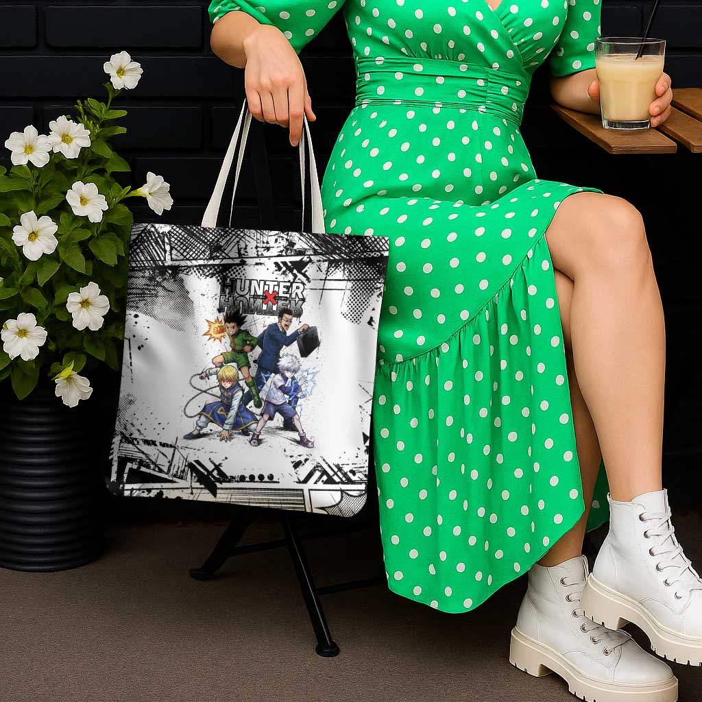 Main Characters Monochrome Graffiti Style Tote Bag with Gon Killua Kurapika and Leorio Team Design - The Mazicc