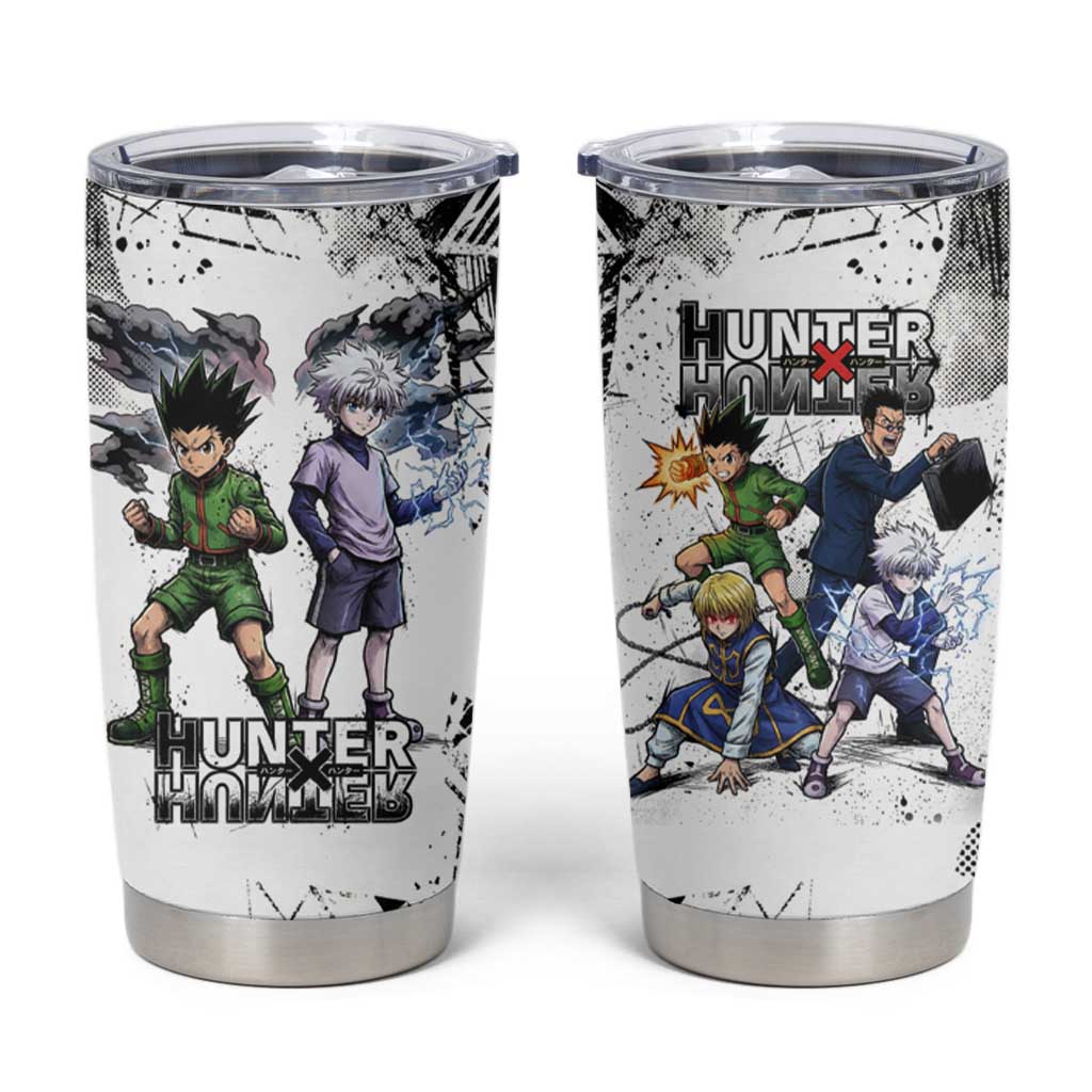 Main Characters Monochrome Graffiti Style Tumbler Cup with Gon Killua Kurapika and Leorio Team Design - The Mazicc