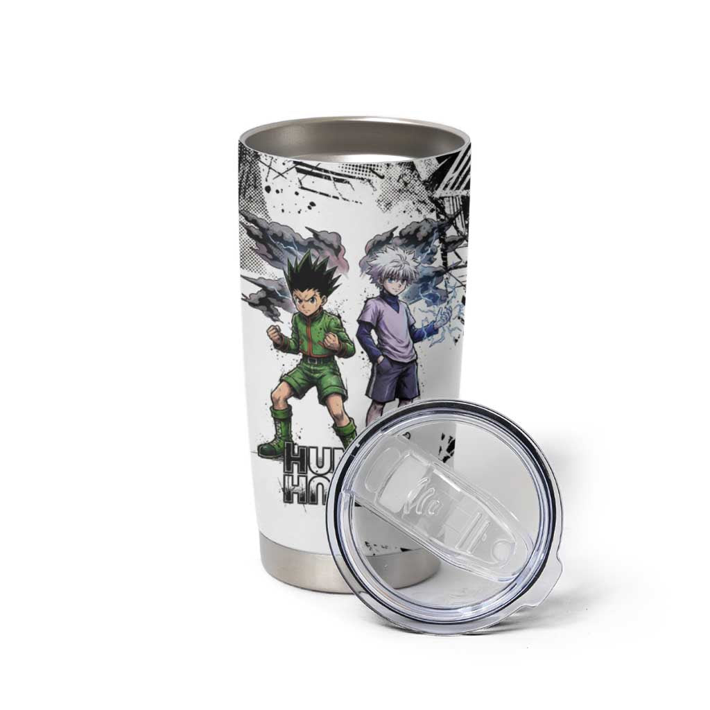 Main Characters Monochrome Graffiti Style Tumbler Cup with Gon Killua Kurapika and Leorio Team Design - The Mazicc